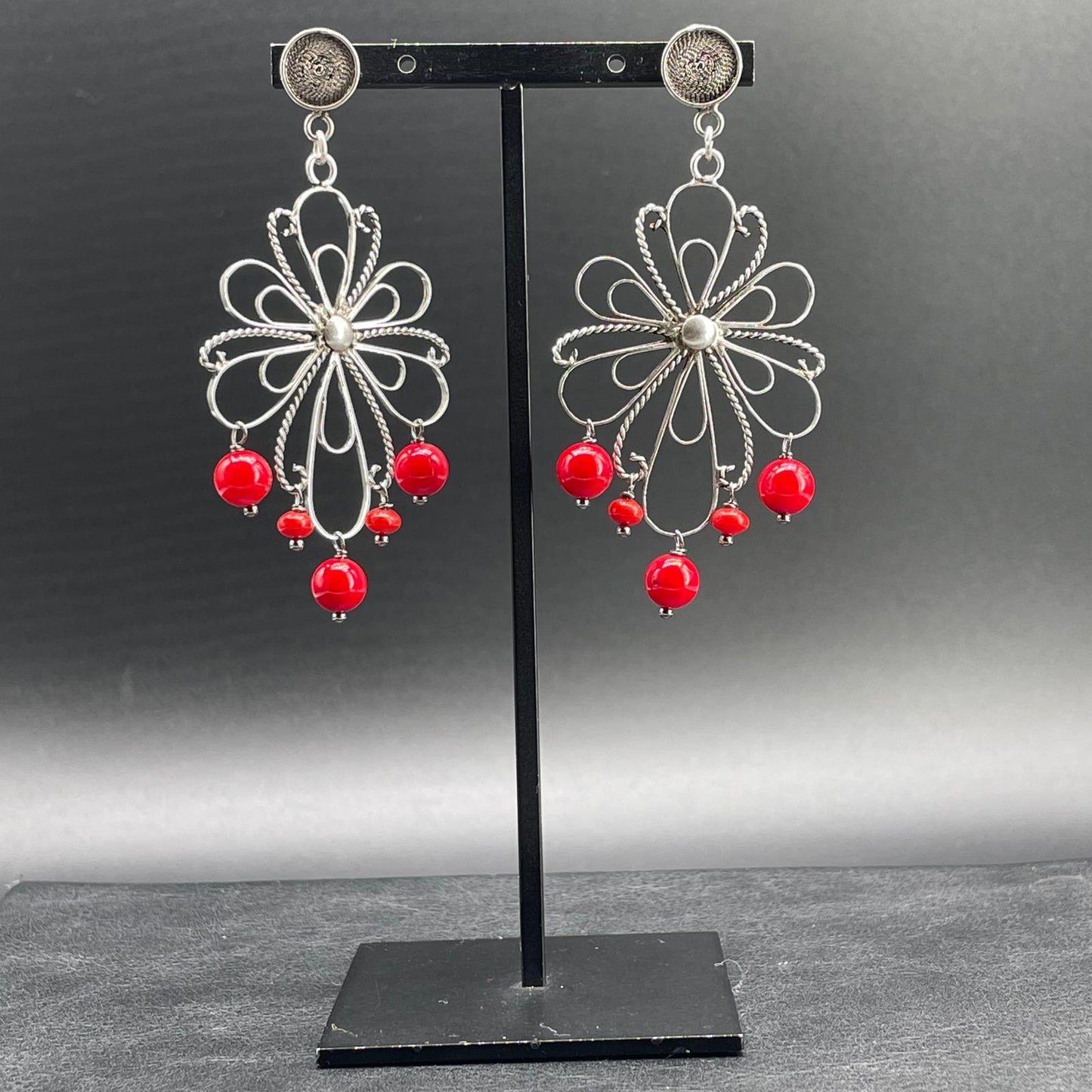 Orecchini Fiore in Argento e Corallo Bamboo