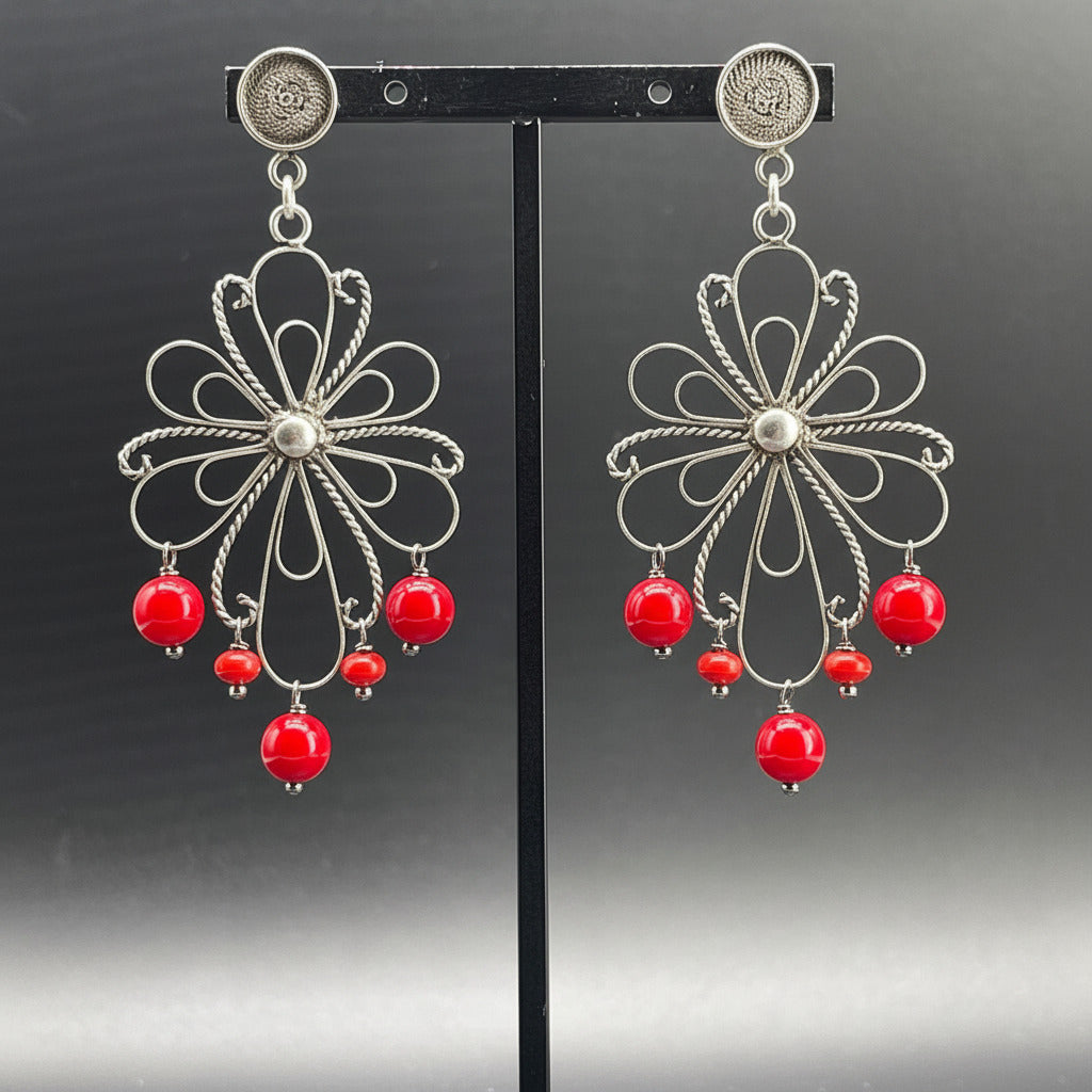 Orecchini Fiore in Argento e Corallo Bamboo