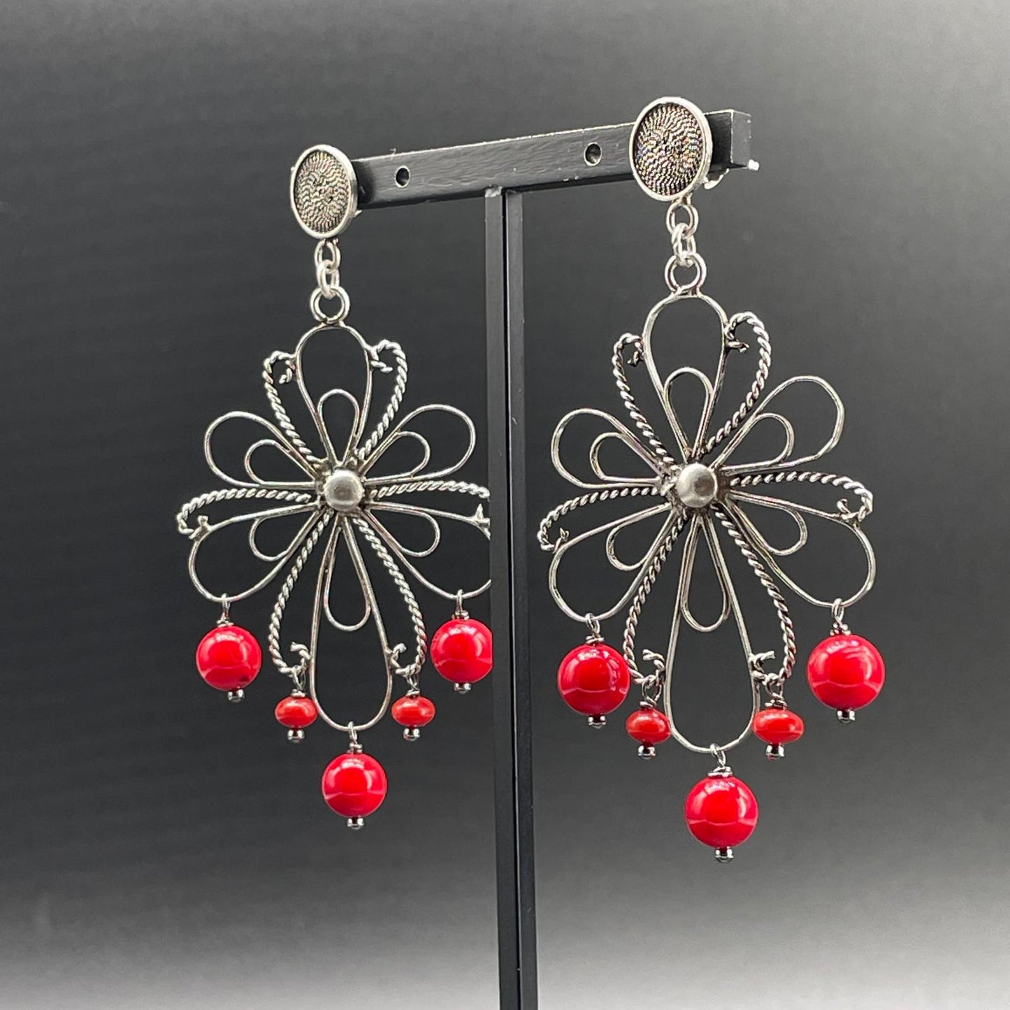 Orecchini Fiore in Argento e Corallo Bamboo