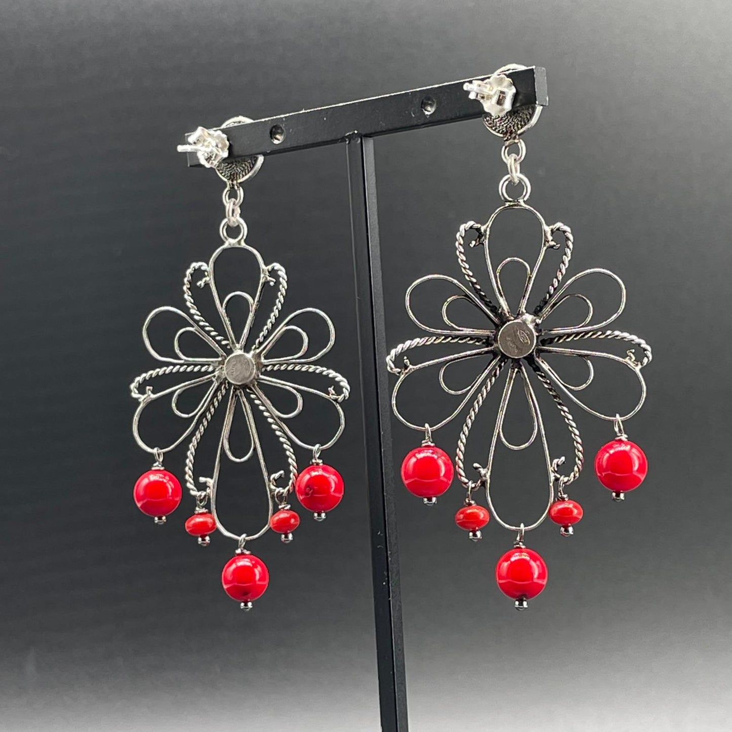 Orecchini Fiore in Argento e Corallo Bamboo