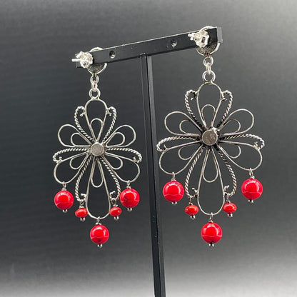 Orecchini Fiore in Argento e Corallo Bamboo