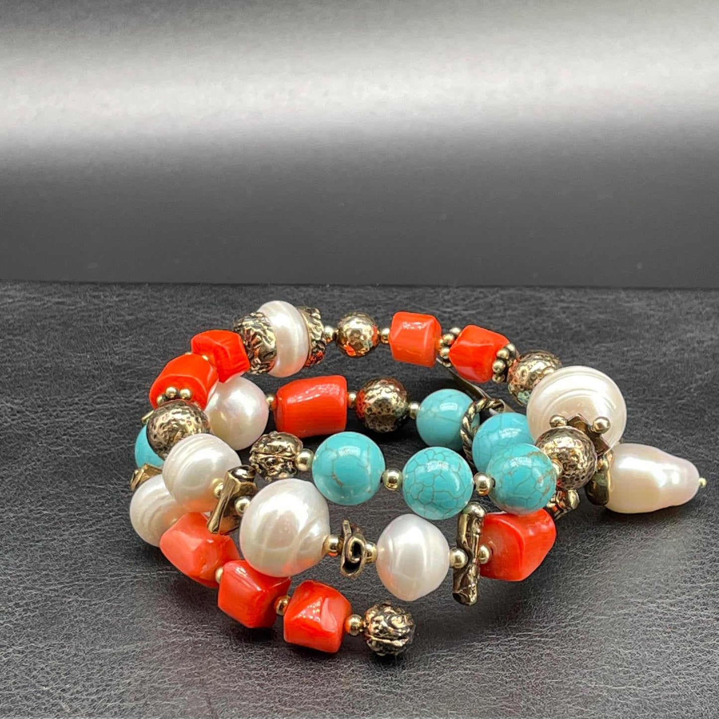 Bracciale Corallo Bamboo, Perle e Aulite Turchese
