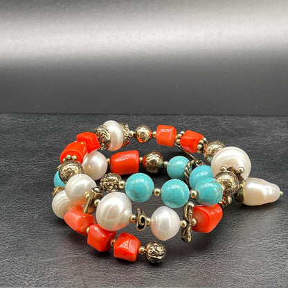 Bracciale Corallo Bamboo, Perle e Aulite Turchese