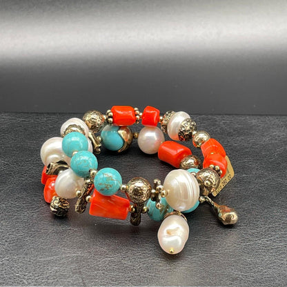 Bracciale Corallo Bamboo, Perle e Aulite Turchese