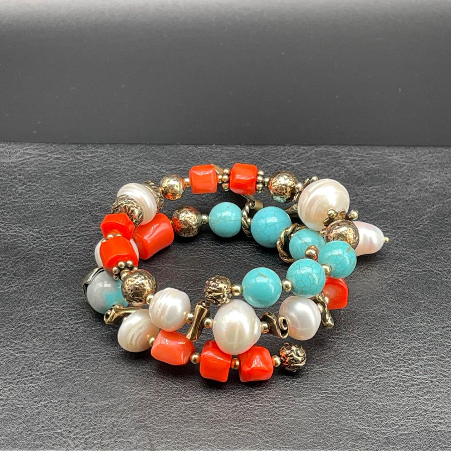 Bracciale Corallo Bamboo, Perle e Aulite Turchese