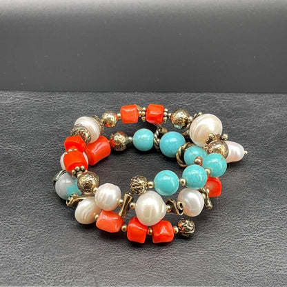 Bracciale Corallo Bamboo, Perle e Aulite Turchese