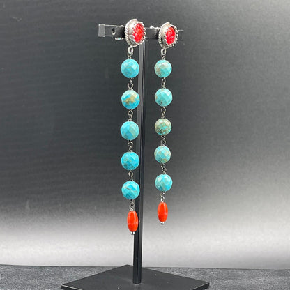 Orecchini Lunghi Aulite Turchese, Corallo e Rosellina