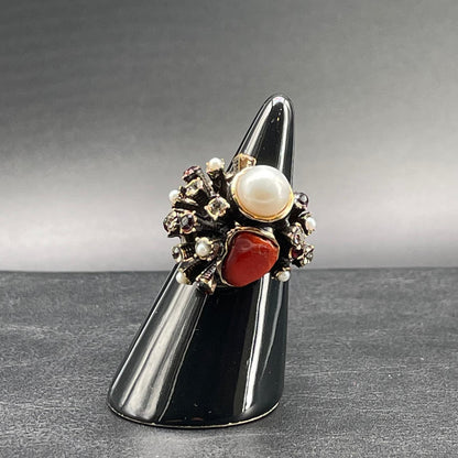 Anello Corallo, Perle Coltivate, Swarovski e Granato