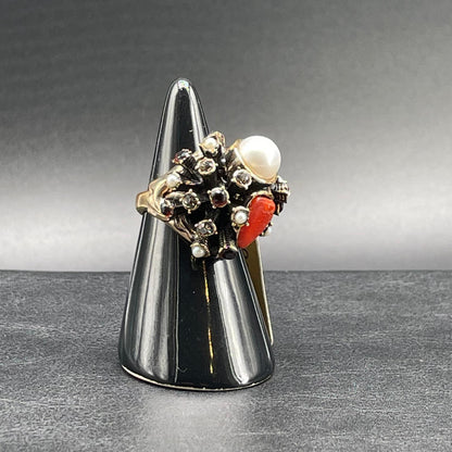 Anello Corallo, Perle Coltivate, Swarovski e Granato