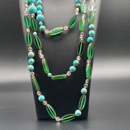 Collana Lunga Aulite Turchese e Perle di Vetro Verdi