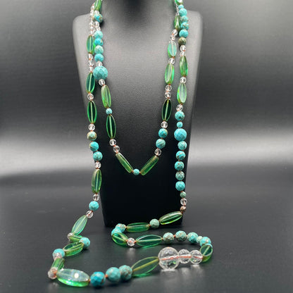 Collana Lunga Aulite Turchese e Perle di Vetro Verdi