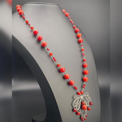 Collana Rosario in Corniola con Pendente in Filigrana d’Argento