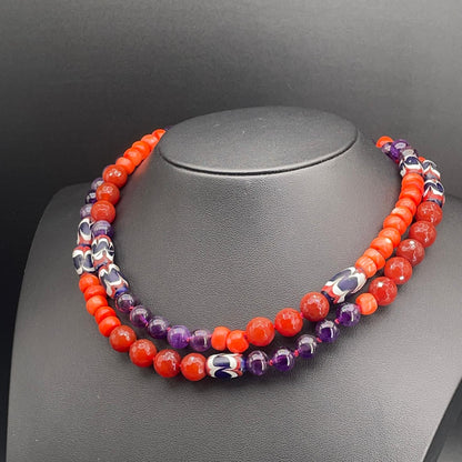 Collana Lunga con Ametista, Corniola e Corallo Bamboo
