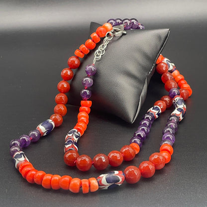 Collana Lunga con Ametista, Corniola e Corallo Bamboo