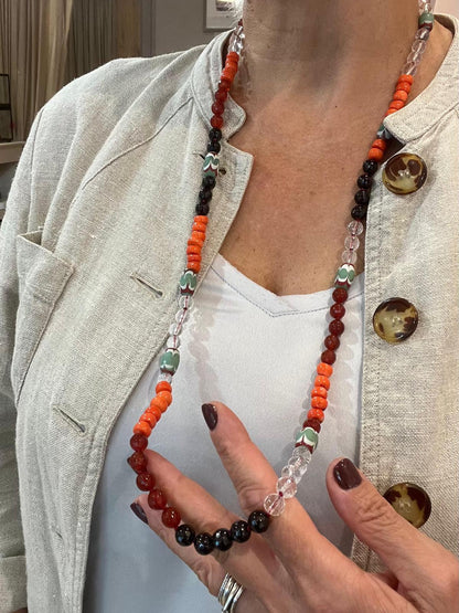 Collana Lunga con Corniola, Granato e Corallo Bamboo