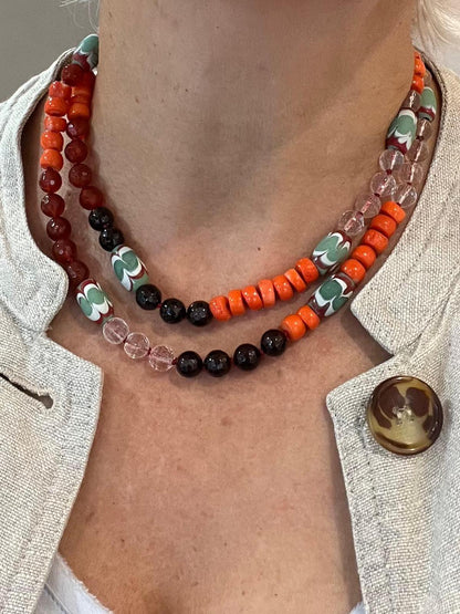 Collana Lunga con Corniola, Granato e Corallo Bamboo