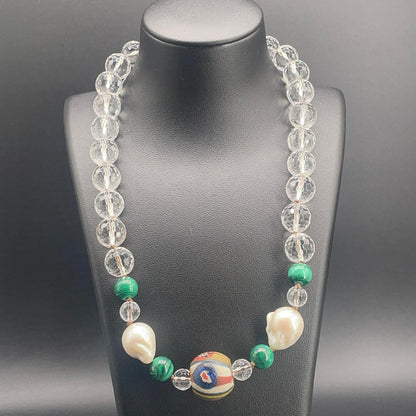 Collana con Cristallo di Rocca, Malachite e Perle Scaramazze
