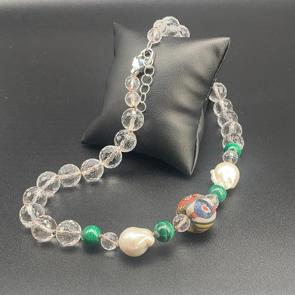 Collana con Cristallo di Rocca, Malachite e Perle Scaramazze