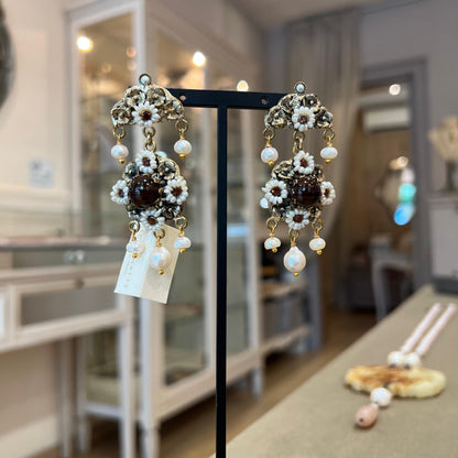 Orecchini Vintage in Ottone Brunito con Perle e Occhio di Tigre