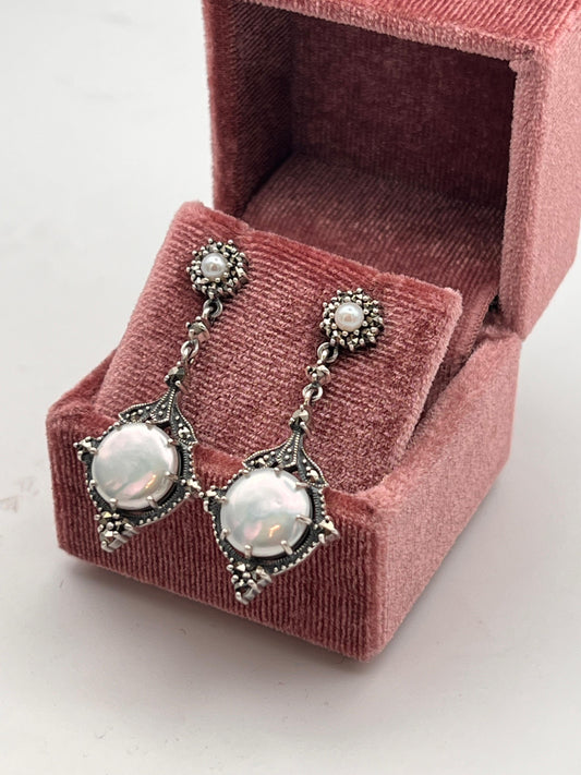 Orecchini Liberty in Argento, Marcassiti e Perle Coltivate (Codice: OR LI 026)