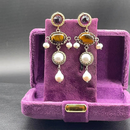 Orecchini BonBon in argento con occhio di tigre e perle coltivate, vista 6