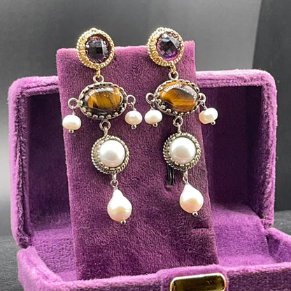 Orecchini BonBon in argento con occhio di tigre e perle coltivate, vista 7