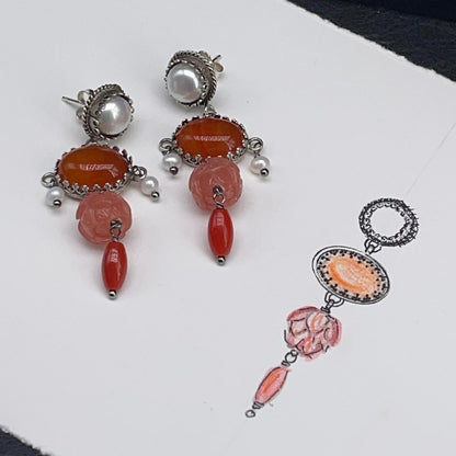 Orecchini BonBon in argento 925 con perle coltivate e pietre dure arancio, vista 6