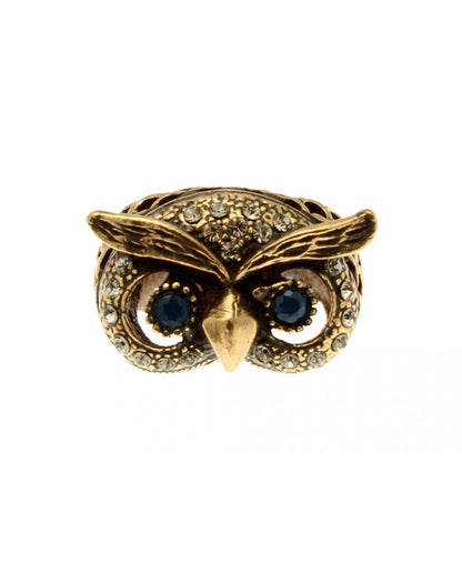 Anello Gufo con Occhi di Zaffiro - Gioiello Artigianale in Ottone Dorato