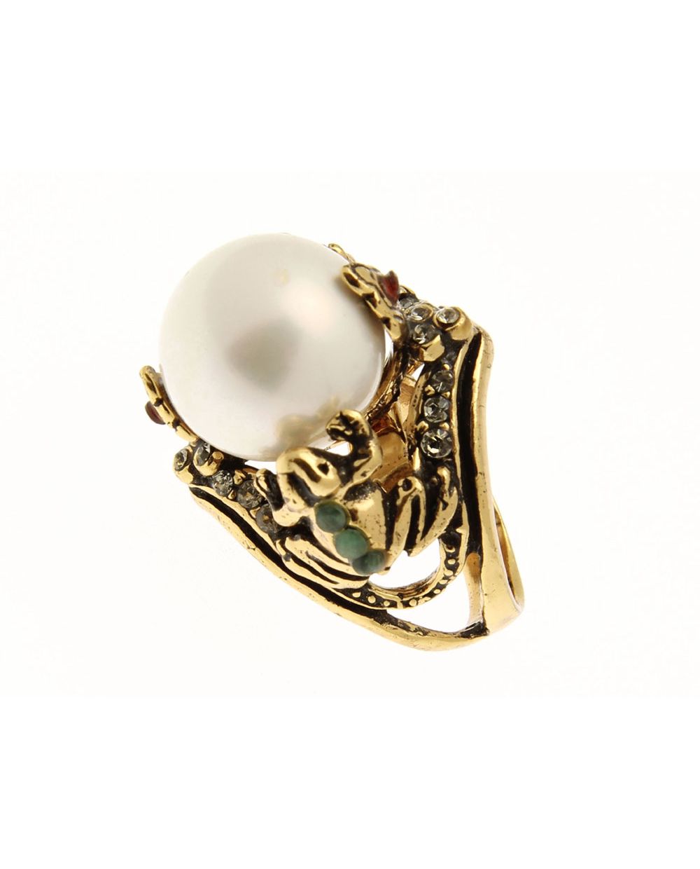 Anello Pearl - Anello in Ottone Dorato con Perla Coltivata e Dettagli in Swarovski e Smeraldi