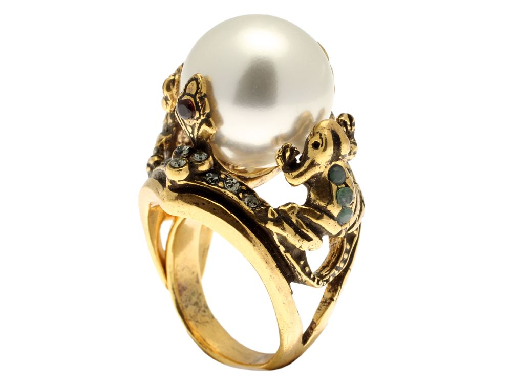 Anello Pearl - Anello in Ottone Dorato con Perla Coltivata e Dettagli in Swarovski e Smeraldi