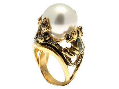 Anello Pearl - Anello in Ottone Dorato con Perla Coltivata e Dettagli in Swarovski e Smeraldi