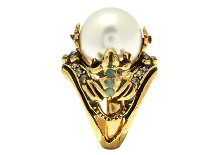 Anello Pearl - Anello in Ottone Dorato con Perla Coltivata e Dettagli in Swarovski e Smeraldi