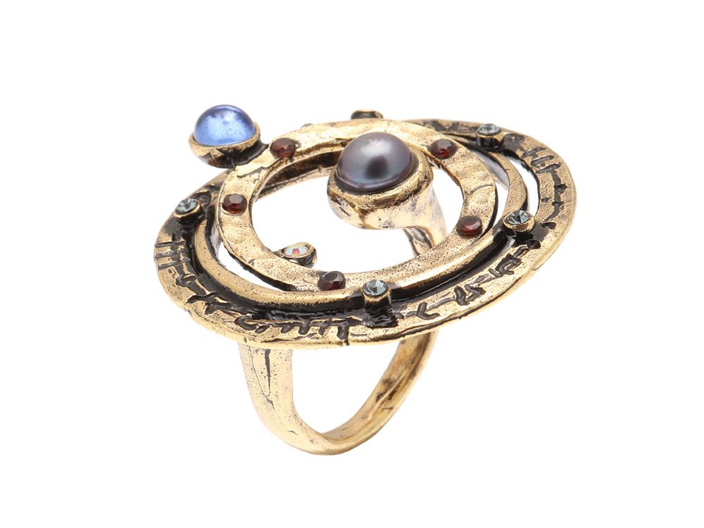 Anello Planetario - Anello con Cerchi Concentrici in Ottone Dorato e Perla Grigia