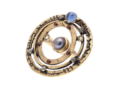 Anello Planetario - Anello con Cerchi Concentrici in Ottone Dorato e Perla Grigia