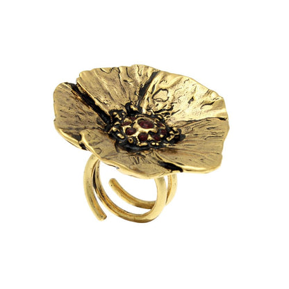 Anello Papavero - Anello in Ottone Placcato Oro con Granato