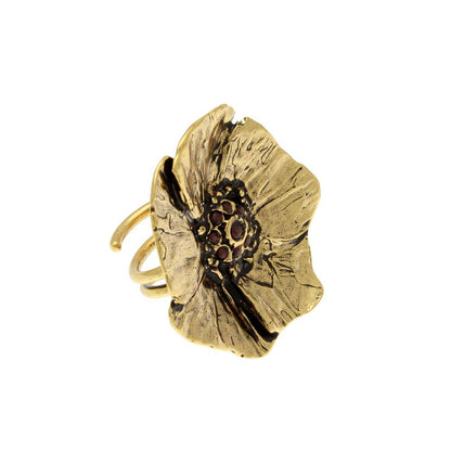 Anello Papavero - Anello in Ottone Placcato Oro con Granato